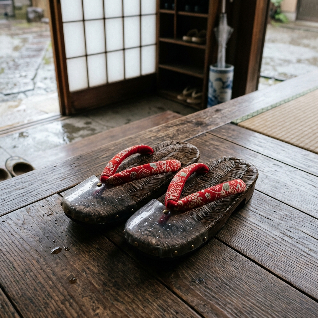 つま先に透明なビニールカバーが付いたおしゃれな雨草履のイラスト