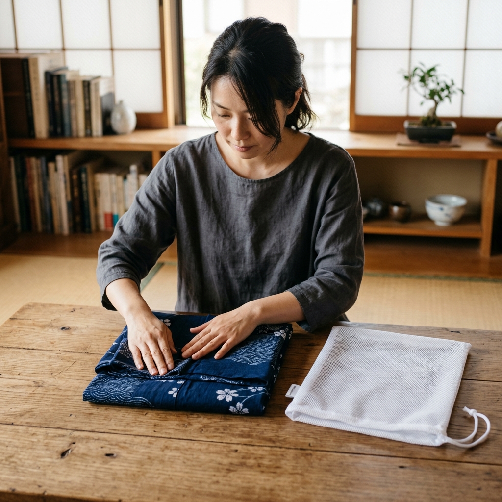 浴衣を丁寧に袖畳みにして洗濯用のネットへ優しく入れている手元の写真風イラスト