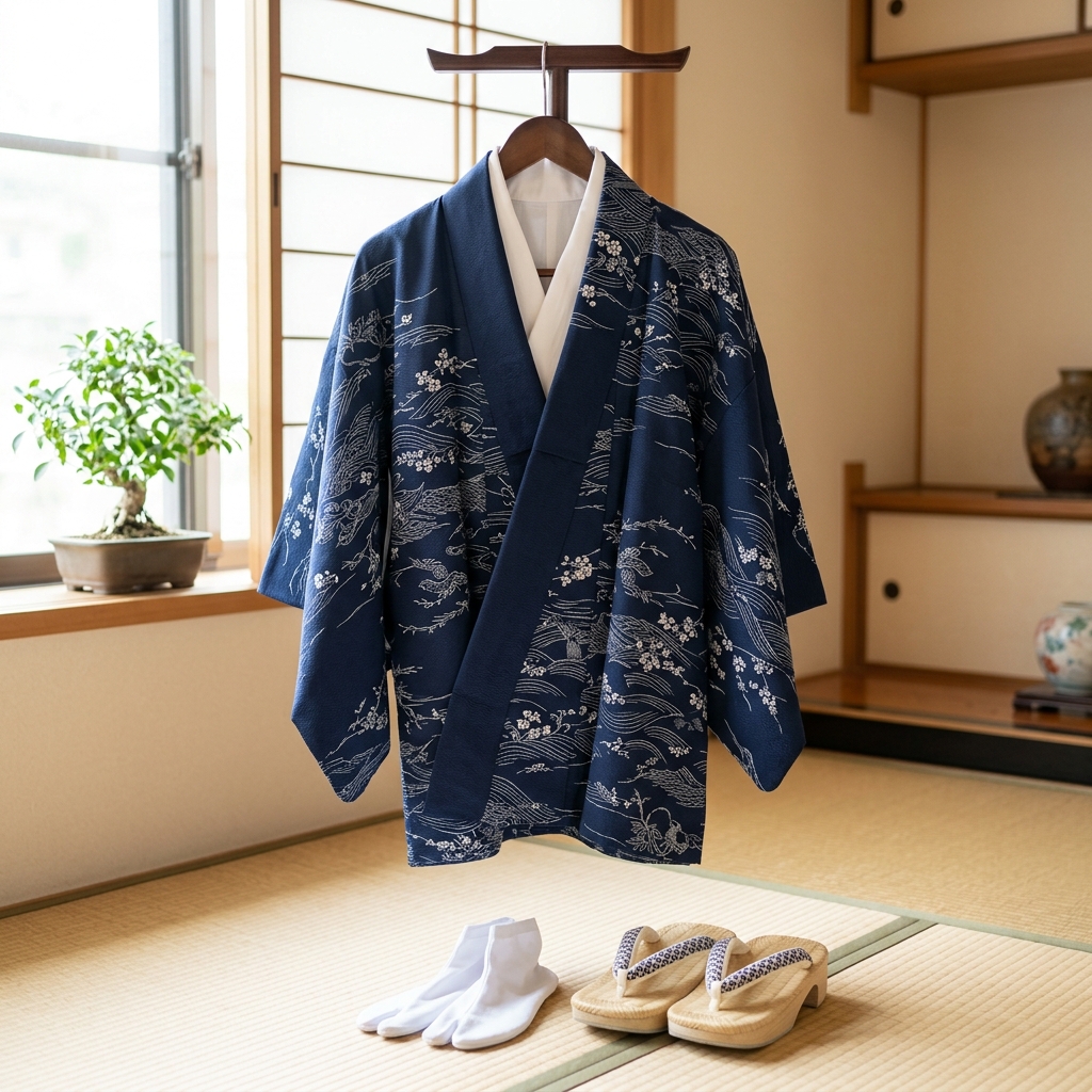 夏用の長襦袢と足袋を合わせて上品な夏着物スタイルにコーディネートされた東レセオα着物の写真風イラスト