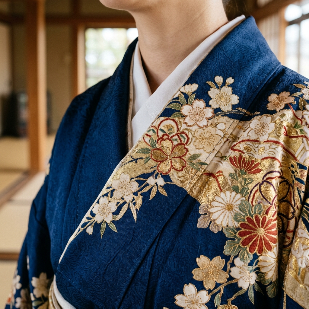 和装の衿合わせのルールと歴史的な由来を示す着物の衿元クローズアップ
