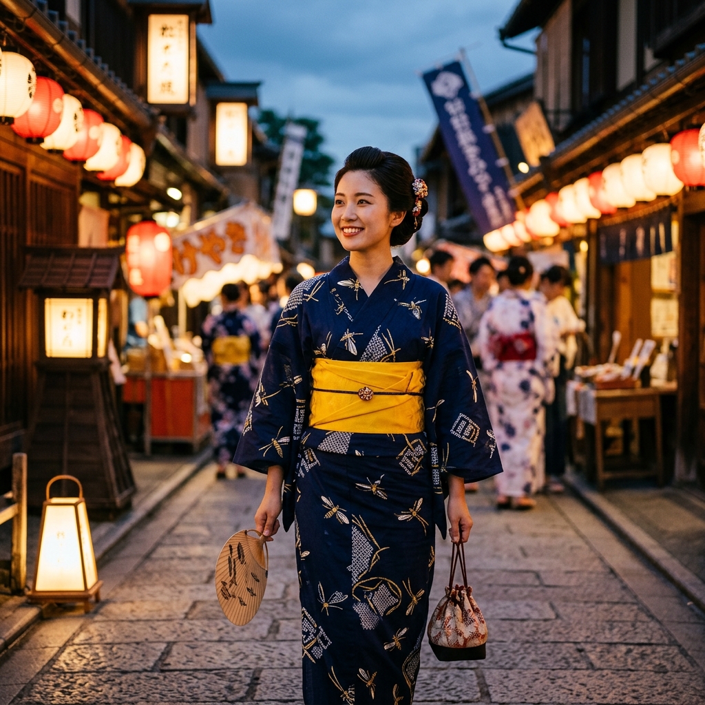 黄色の帯を紺色の浴衣に合わせた鮮やかな反対色コーディネート
