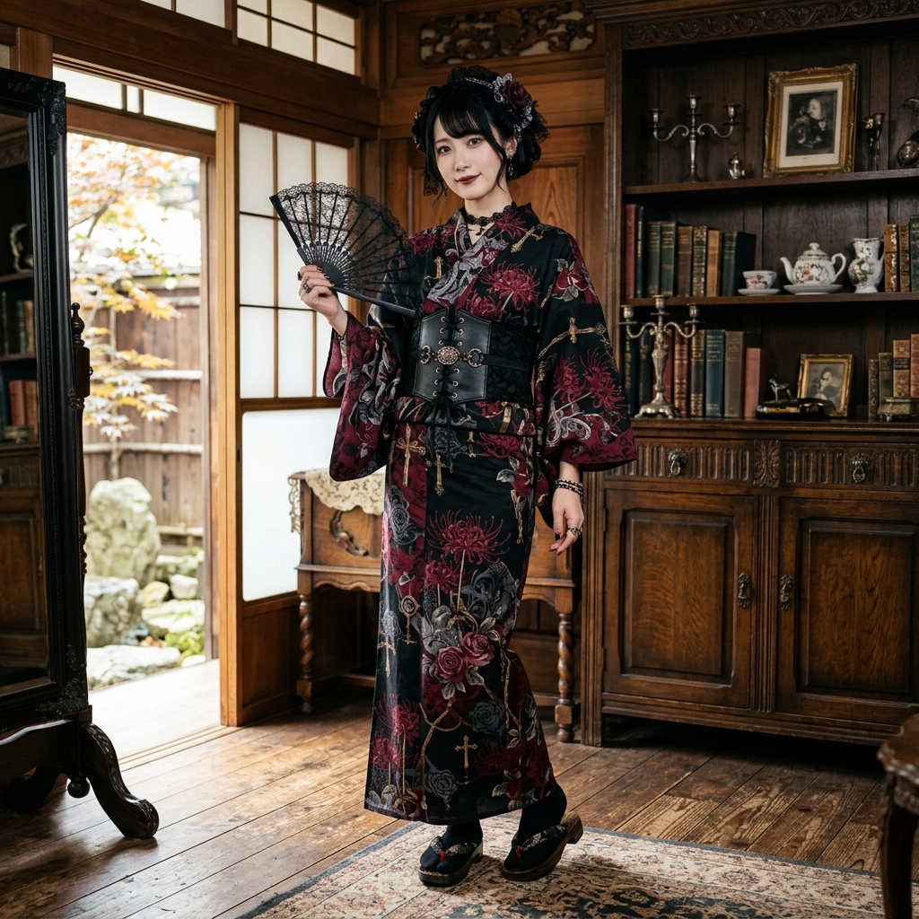 浴衣に黒いレースアップコルセットを合わせたスタイリッシュな全身コーディネート