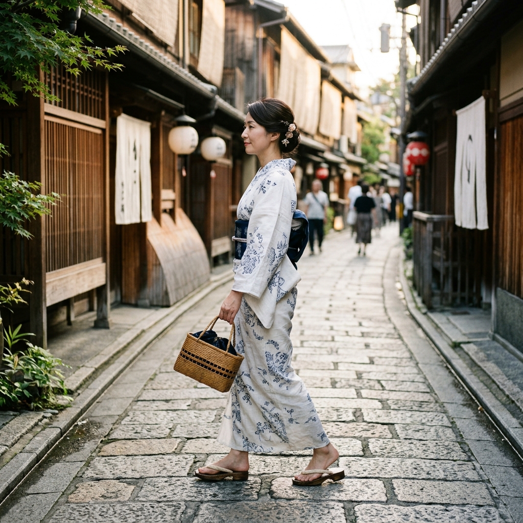 綿絽の上質な白い浴衣を着て、伝統的な街並みを涼しげな表情で歩く40代日本人女性の横顔を捉えたリアルな写真