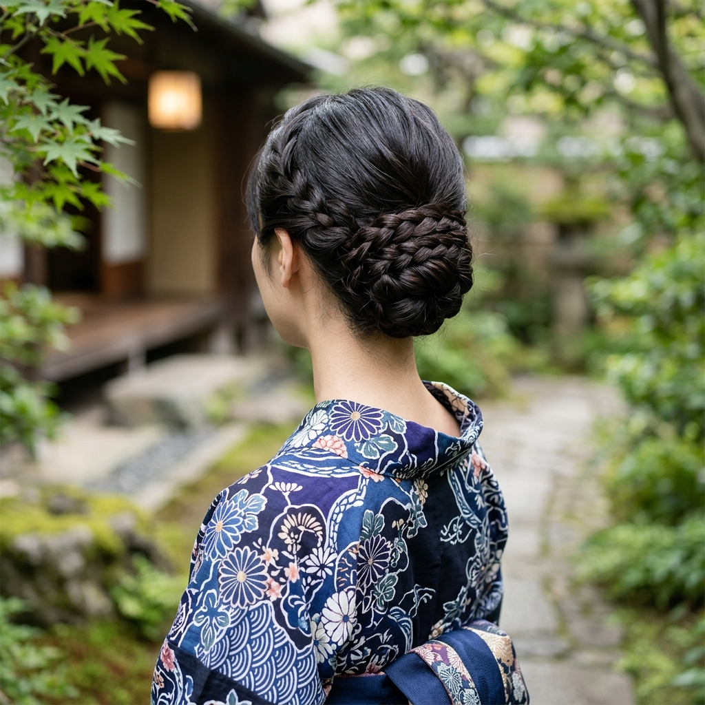 三つ編みシニヨンで上品かつすっきりとまとめた、うなじが美しい女性の浴衣ヘアアレンジ