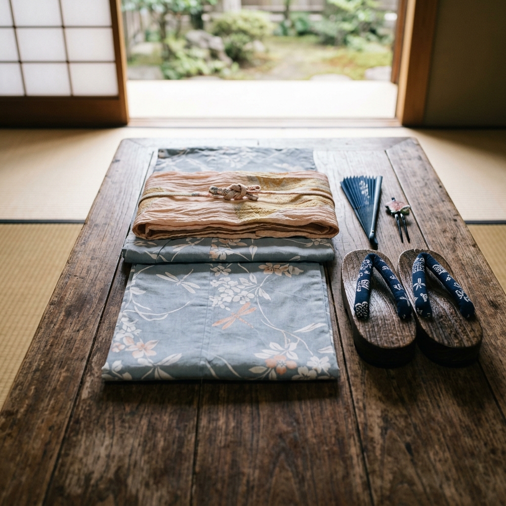浴衣と帯と下駄が綺麗にコーディネートされて並んでいる様子のイラスト