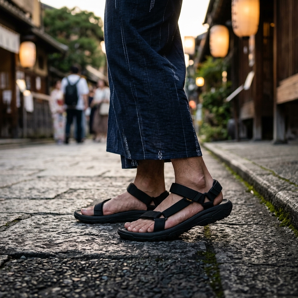 浴衣の裾から覗く、ストラップがすべて黒一色でまとめられたミニマルなスポーツサンダルを履いた男性の足元