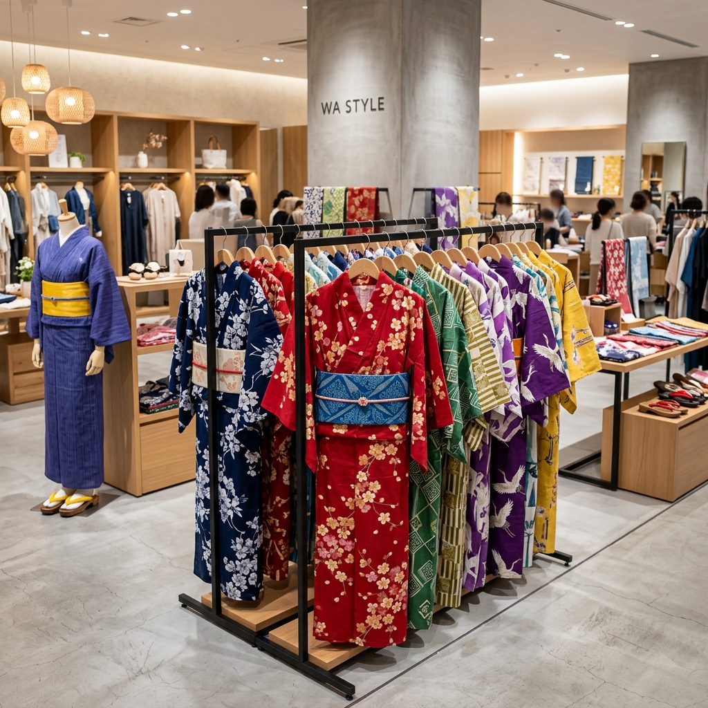 店舗の特設コーナーに色鮮やかな浴衣や帯がずらりと並んでいる様子