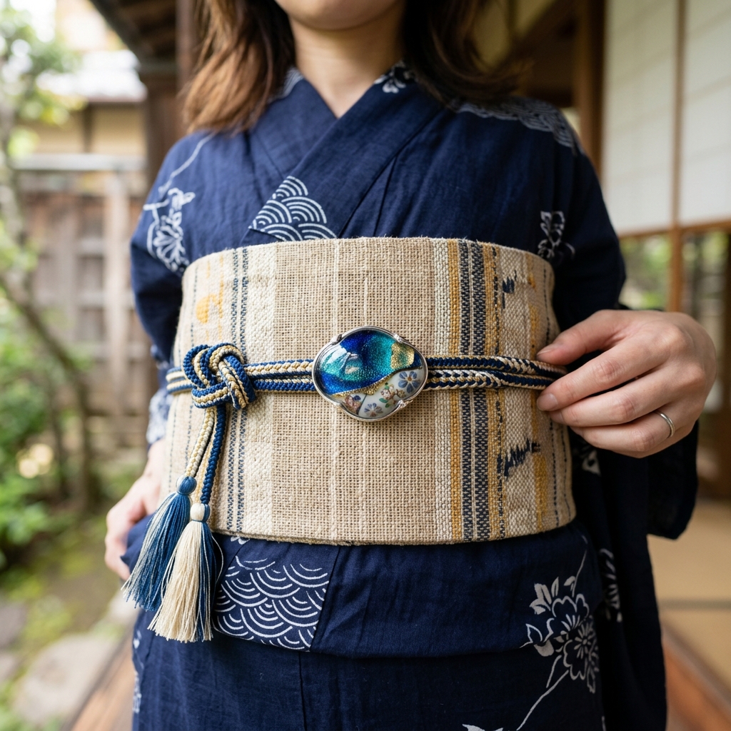 浴衣の帯に帯締めと涼しげな帯留めをあしらって和装の格を上げている様子