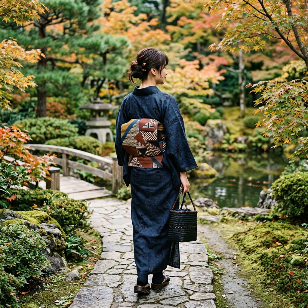 秋の始まりの光の中、シックな濃色の麻の着物と幾何学模様の帯でコーディネートした姿のイメージ