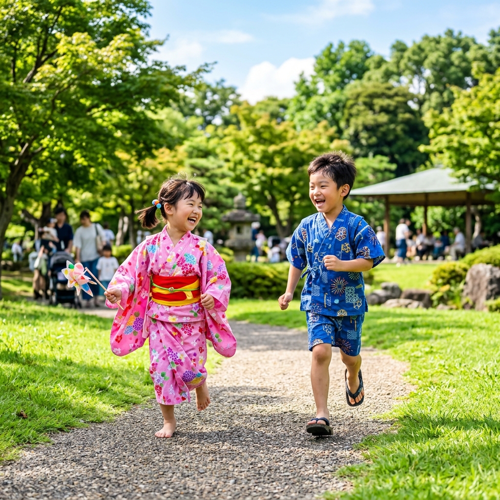 浴衣を着て走り回る元気な男の子と女の子の楽しそうな様子のイラスト