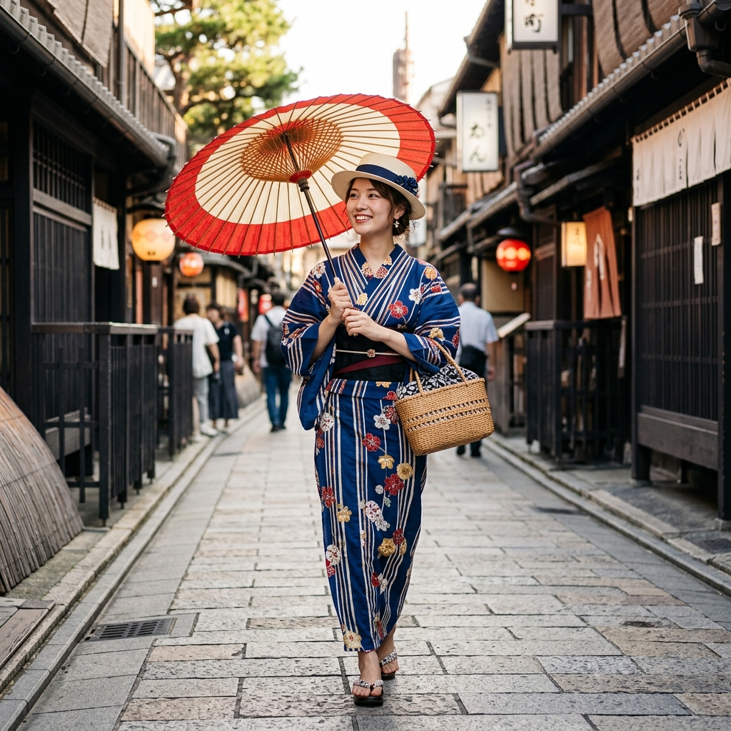 浴衣姿にカンカン帽をかぶり丸い和傘を差してレトロな街並みを歩く女性のポートレート