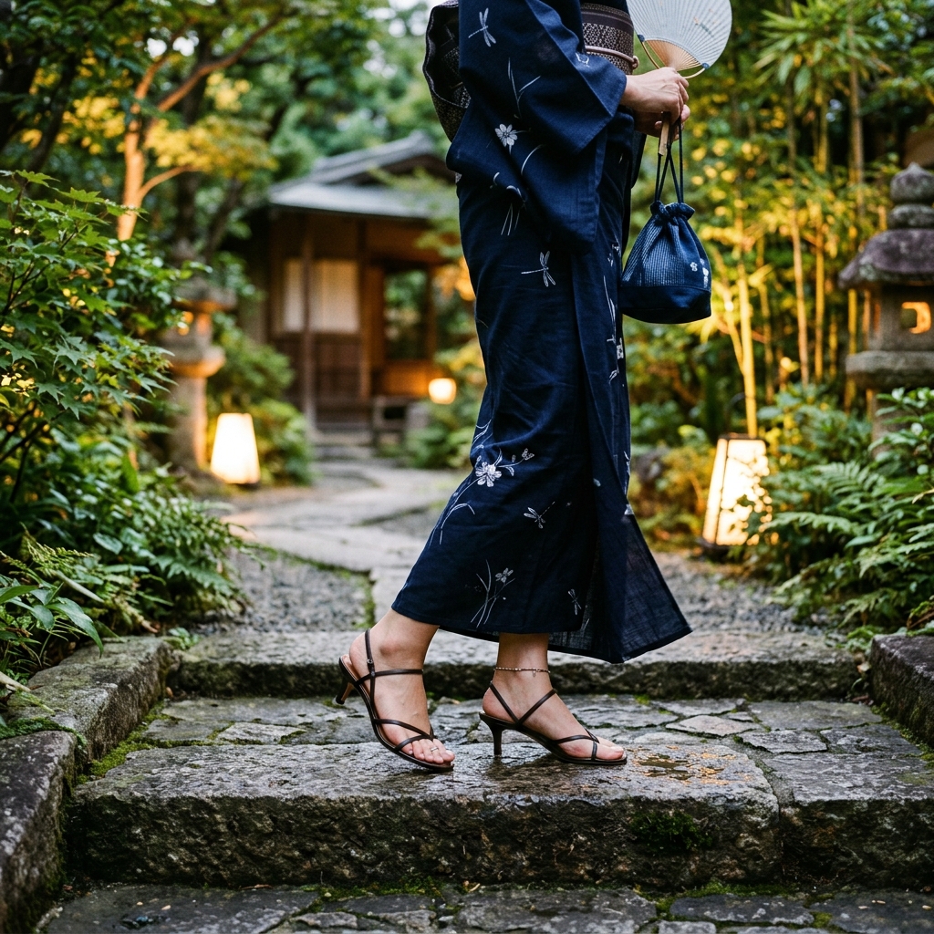 華奢なストラップサンダルを浴衣に合わせた上品な足元のイメージ画像