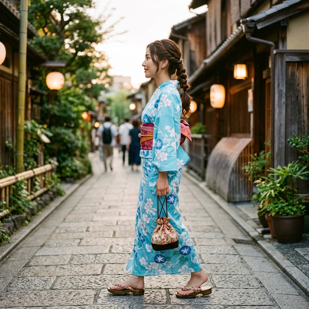 浴衣姿でミディアムヘアをサイドにねじりながらポニーテール風にまとめた爽やかなアレンジスタイルの様子