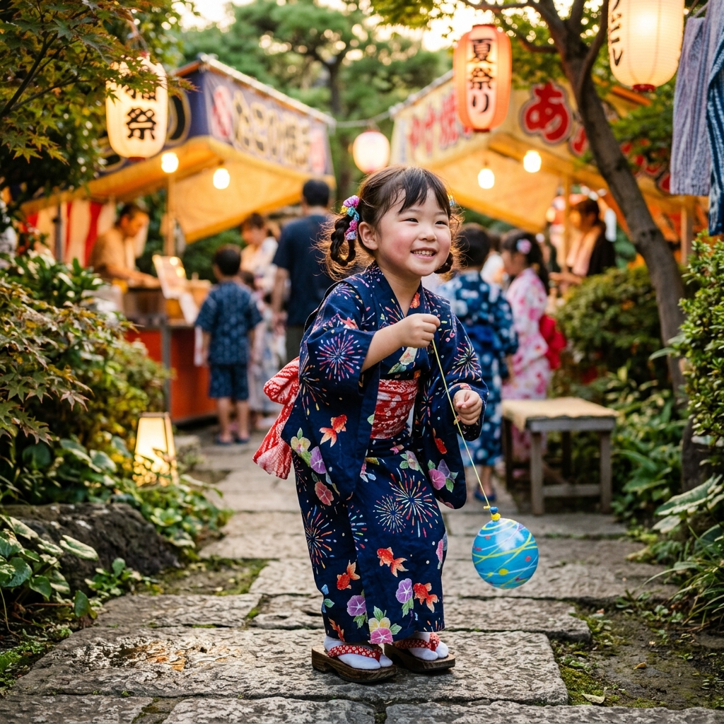 少し大きめの浴衣を着て楽しそうに遊んでいる子供のイラスト