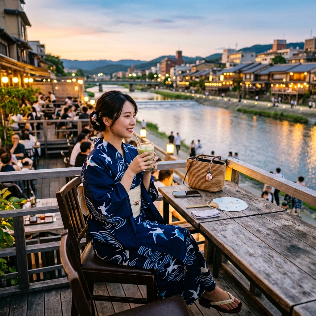 京都の川沿いのテラス席で冷たいドリンクを飲みながら涼む浴衣姿の人のイラスト