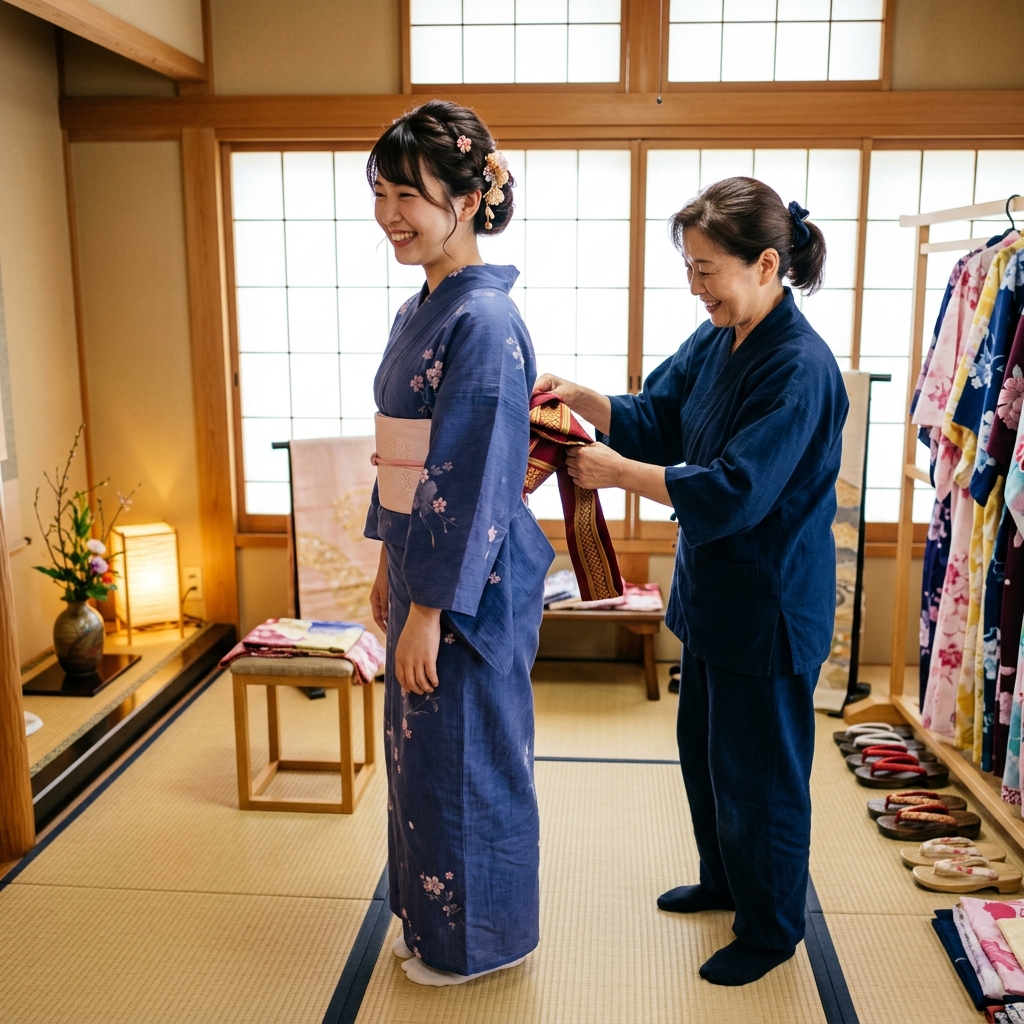 浴衣の着付けをプロのスタッフから優しく受けている女性の様子 of イメージ