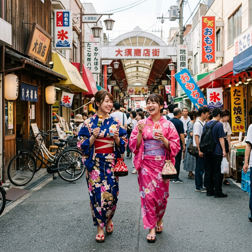 浴衣姿で大須商店街の賑やかな通りを歩きながら美味しそうな食べ歩きスイーツを楽しんでいる様子のイラスト