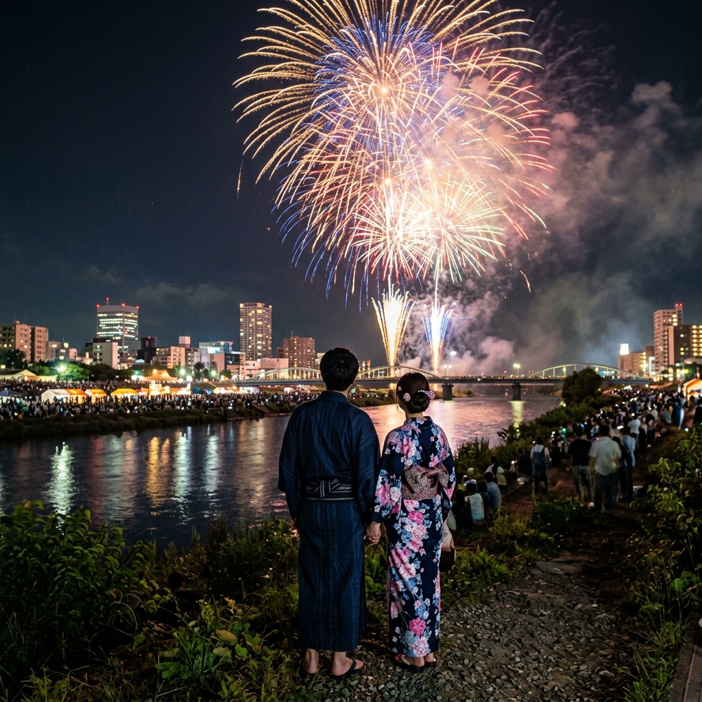 豊平川の河川敷で、色鮮やかな打ち上げ花火を見上げる浴衣姿の若いカップルの後ろ姿のイラスト