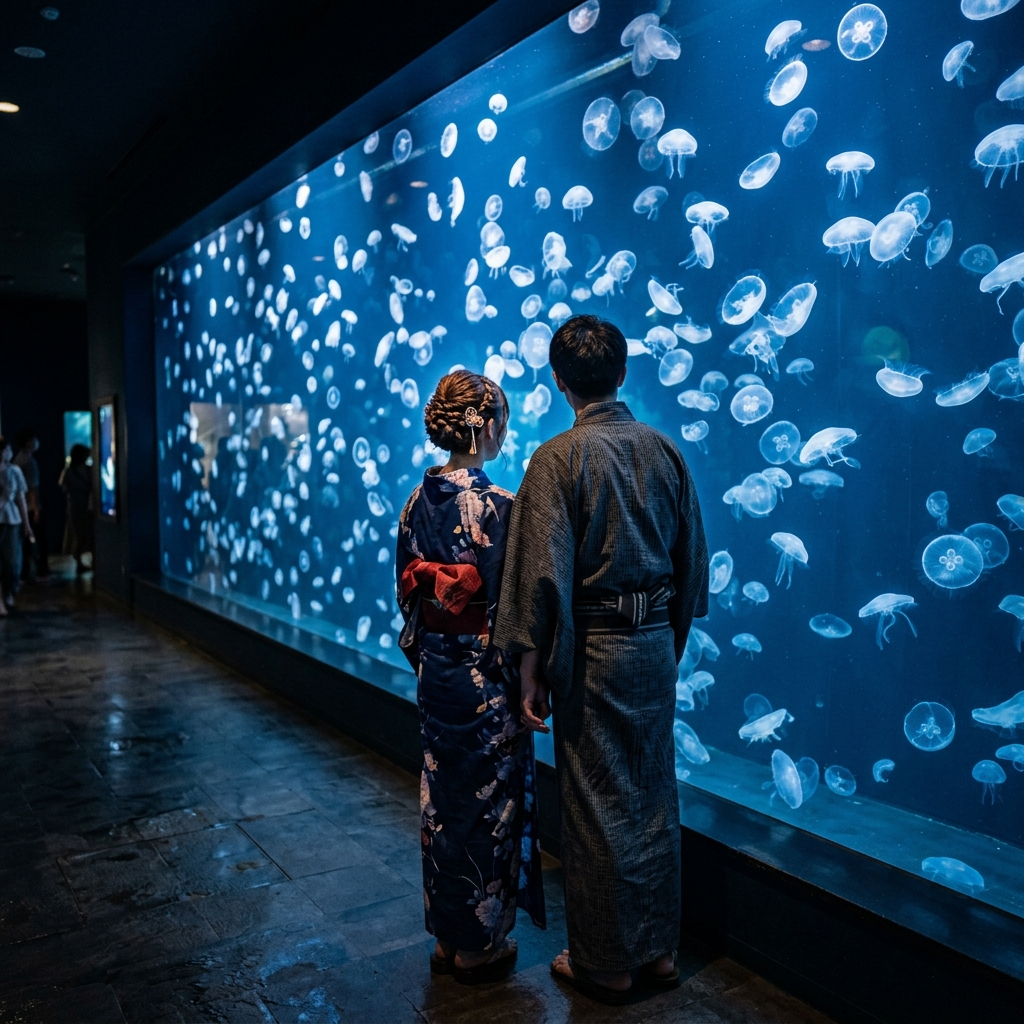 青い照明が広がる美しい水族館のクラゲ大水槽の前で浴衣姿で寄り添うカップルの背中