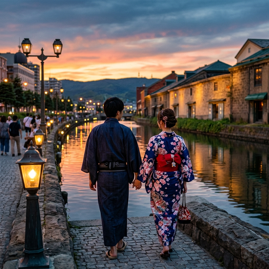 夕暮れ時の美しい小樽運河を背景に浴衣姿で歩くカップルの後ろ姿