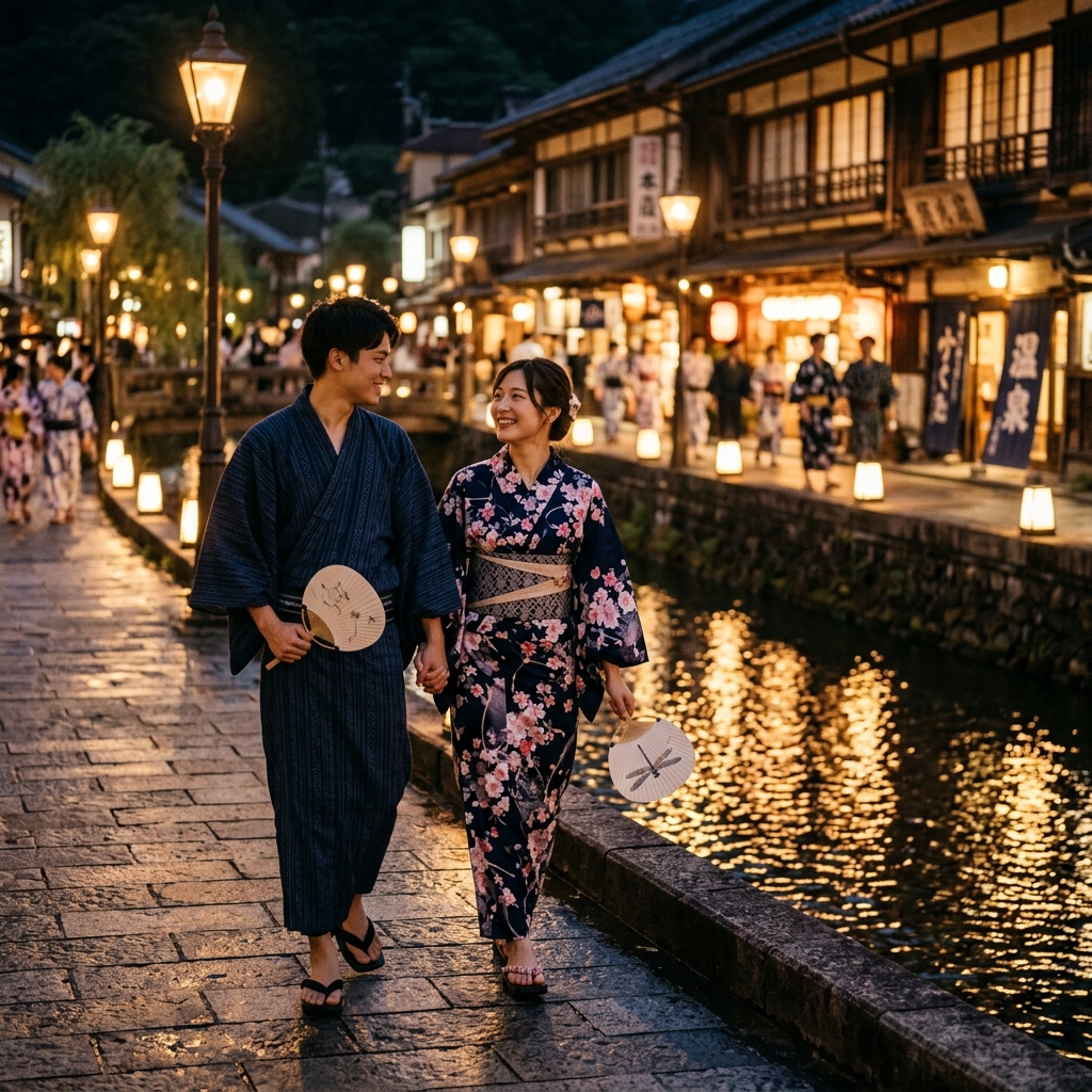 川沿いに灯るガス灯と下呂温泉の湯の街を浴衣姿にうちわを持って歩く男女