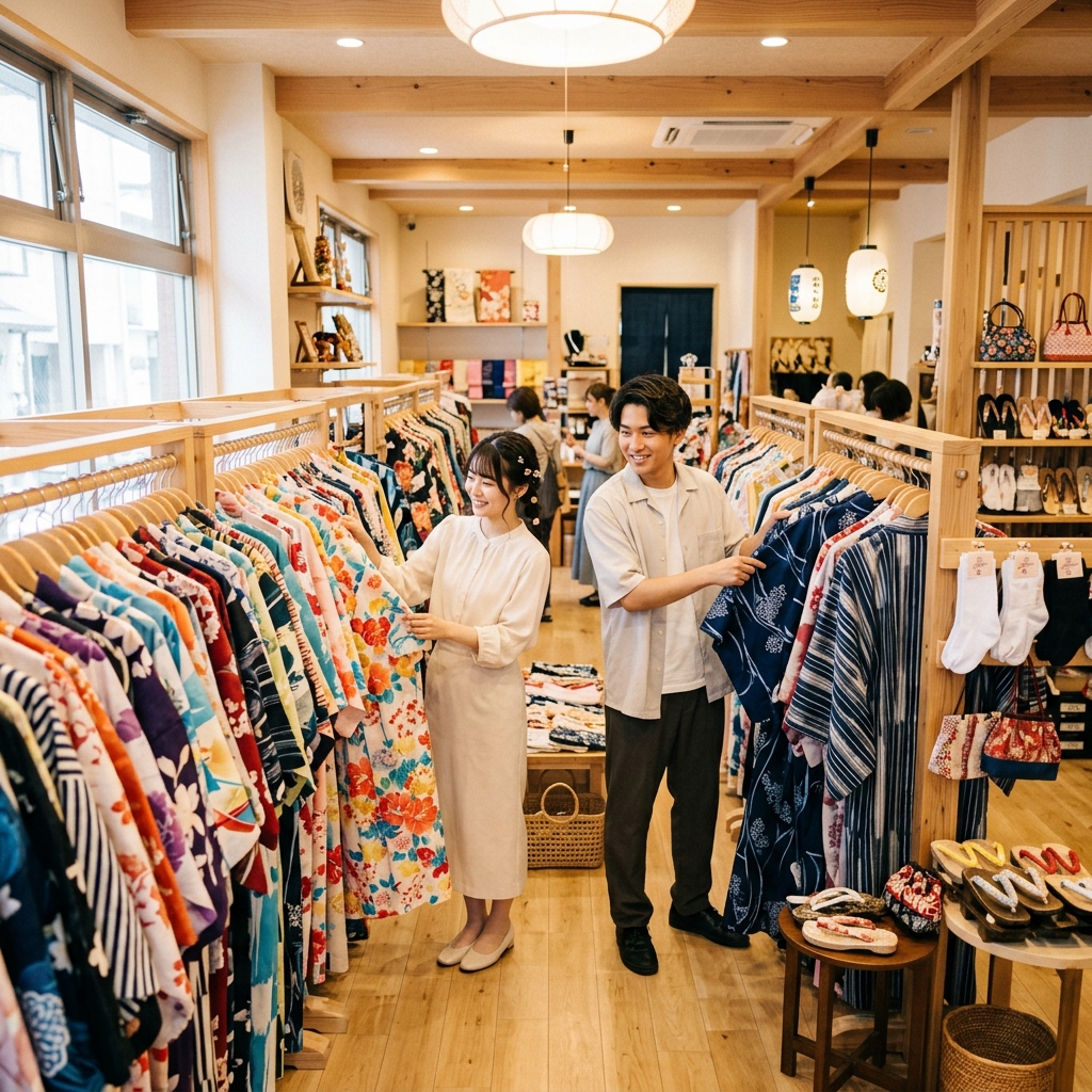 浴衣レンタル店で並んだ色とりどりの浴衣からお気に入りを選んでいる様子のイラスト