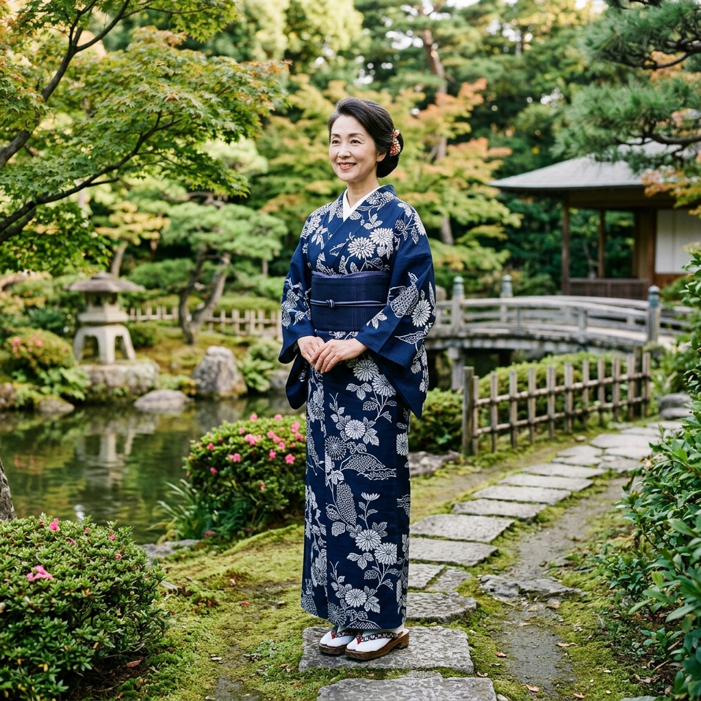 自分のサイズにぴったり仕立てられた浴衣を着て美しく立つ大人の女性のイメージ画像