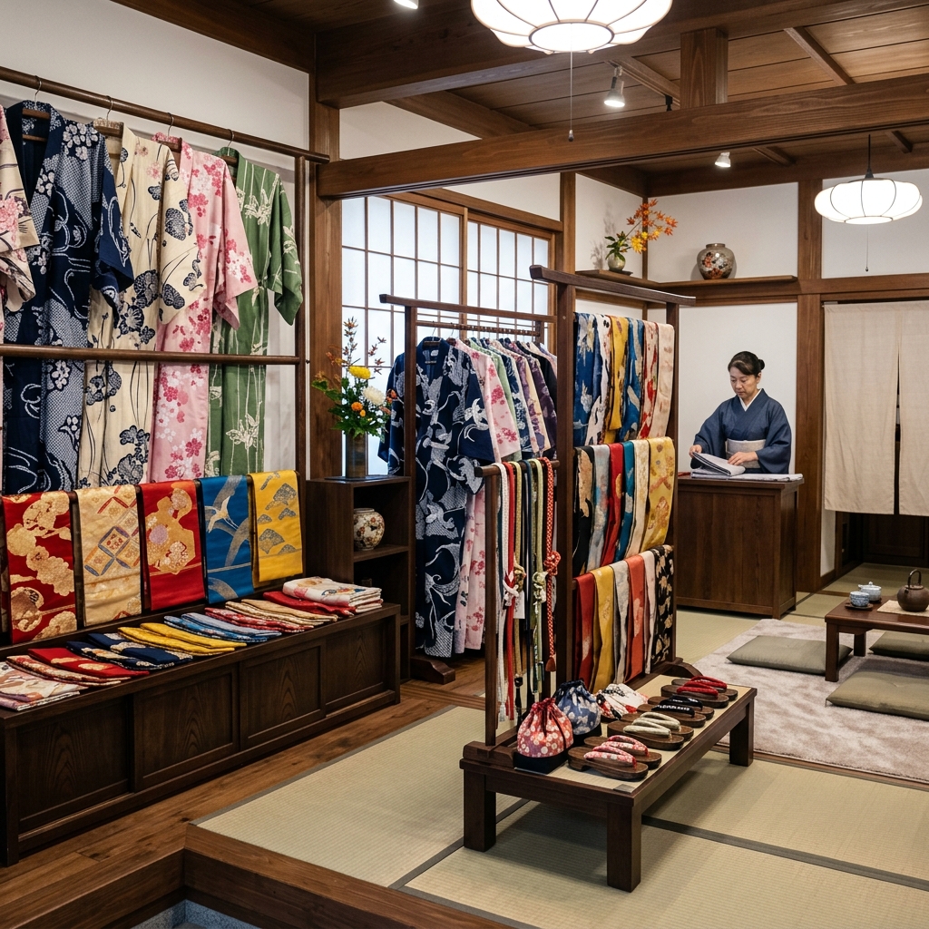 京都の落ち着いた雰囲気の着物店内で様々な柄の浴衣や帯が丁寧にディスプレイされている様子