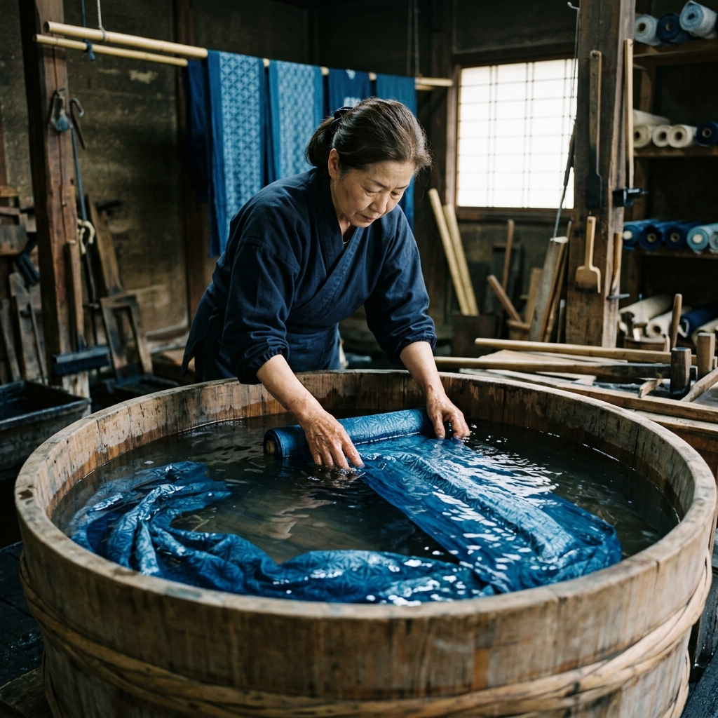 浴衣の反物を水に浸して水通し作業をしている様子