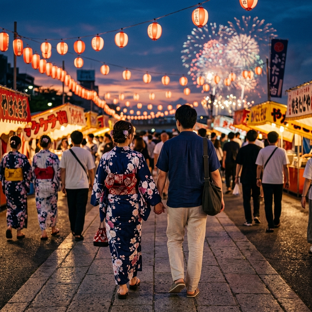 浴衣姿とカジュアルな私服姿で仲良く花火大会の会場を歩くカップルの後ろ姿