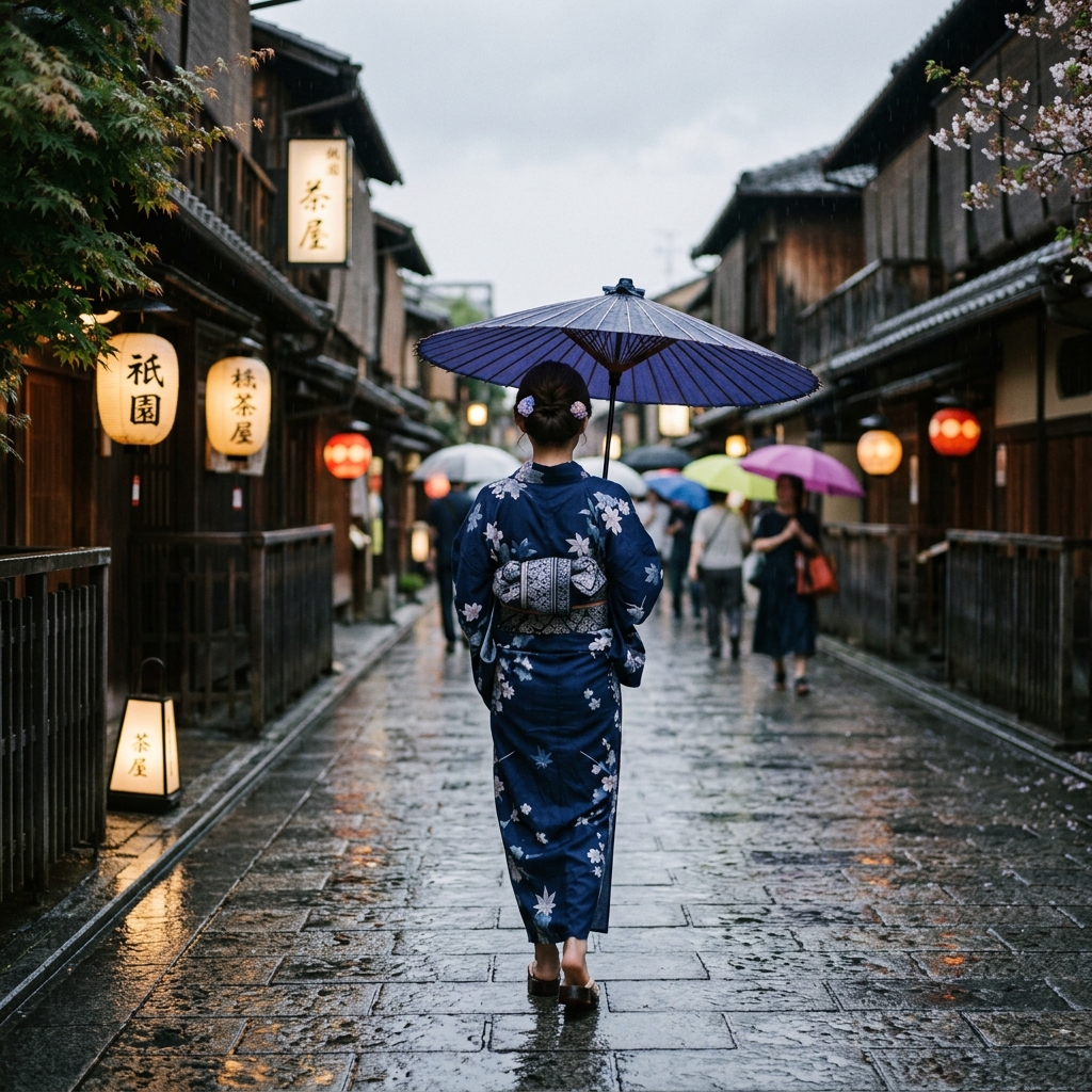 大きめの和傘をさしてしっとりと歩く浴衣姿の日本人の後姿