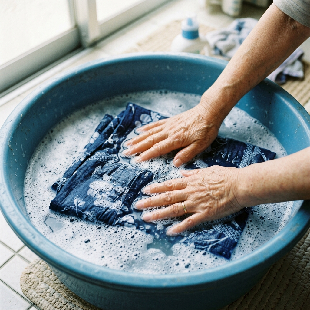 大きめのたらいに水を張りおしゃれ着洗剤で浴衣を優しく押し洗いしている様子のイラスト