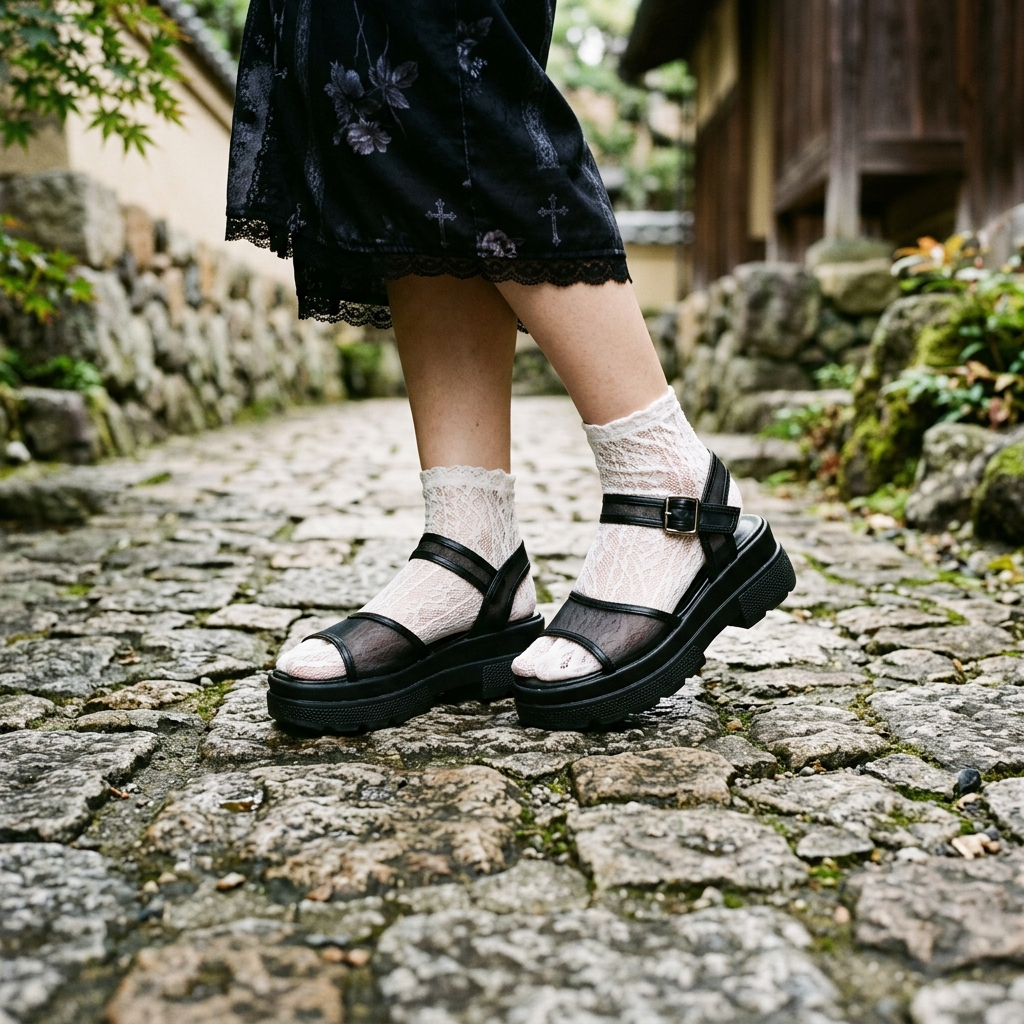 レース足袋と黒のシースルー厚底サンダルを合わせたゴシック浴衣の足元のクローズアップ
