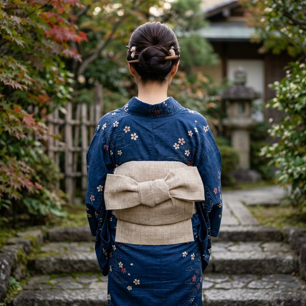 麻の半幅帯を上品な「貝の口」で結んだ大人の女性の後ろ姿を捉えたクローズアップの実写写真