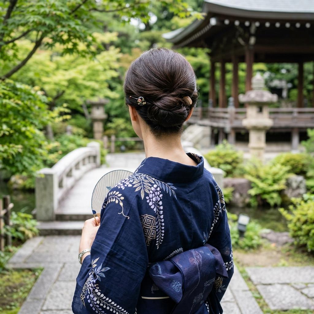 うなじがすっきりと見え、トップにボリュームを持たせた大人っぽい上品なアップ髪型のイメージ
