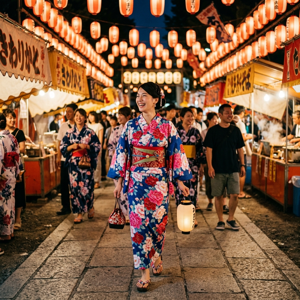 夏の夜の夏祭りで華やかな浴衣を着て楽しそうに歩く20代女性のイラスト