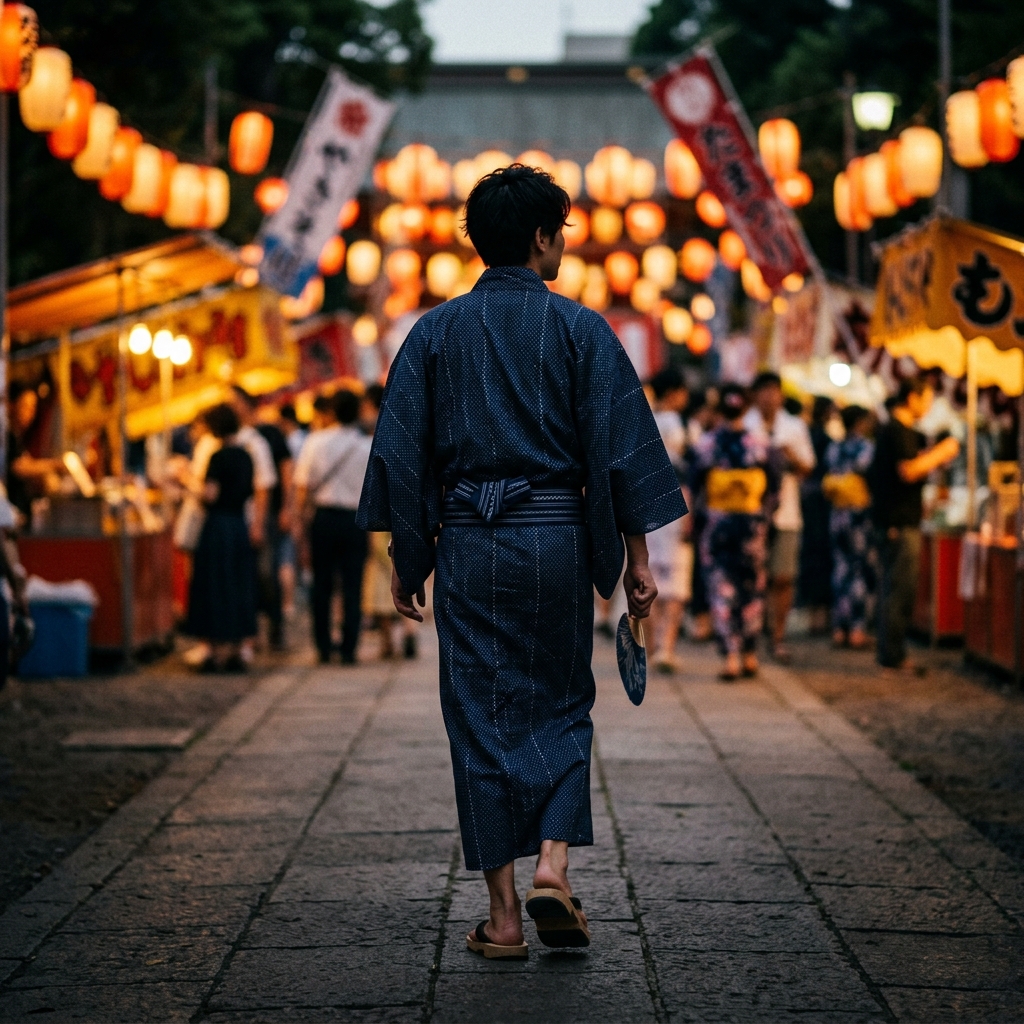 男性が浴衣を着てサンダルを履いた状態で、裾がくるぶしの少し上できれいに収まっている全身のコーディネートシルエット