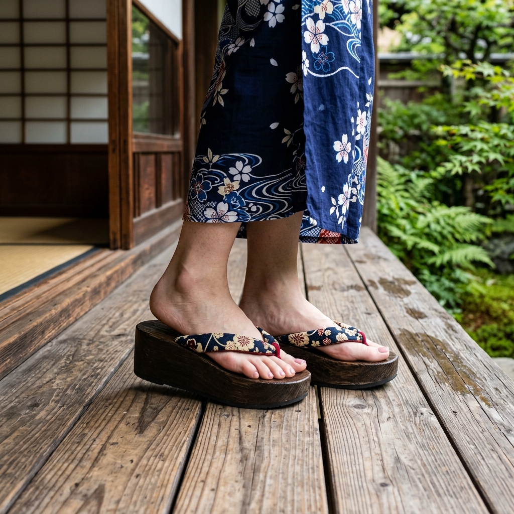 浴衣に厚底サンダルを合わせたスタイルアップした女性の足元のイラスト