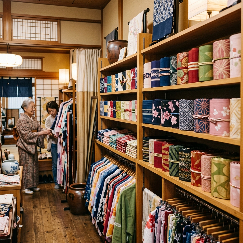 色とりどりの浴衣の帯が並んでいるショップの様子