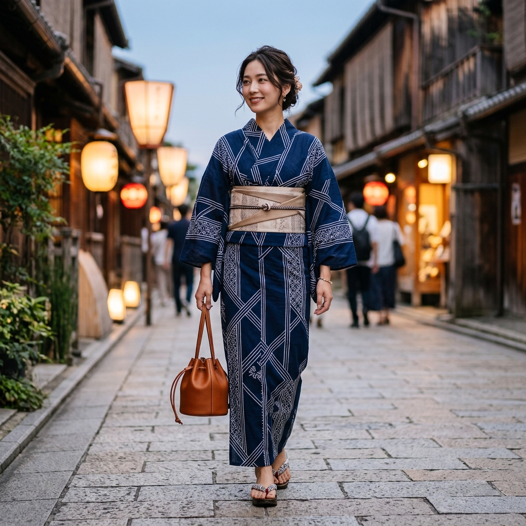 コロンとした丸いフォルムのレザー調ミニ巾着バッグを浴衣に合わせたモダンなコーディネートのイラスト