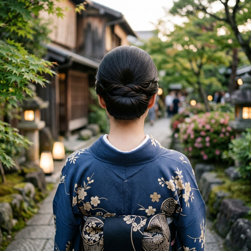 低めの位置できれいにまとめられた上品なシニヨンヘアの女性の後ろ姿