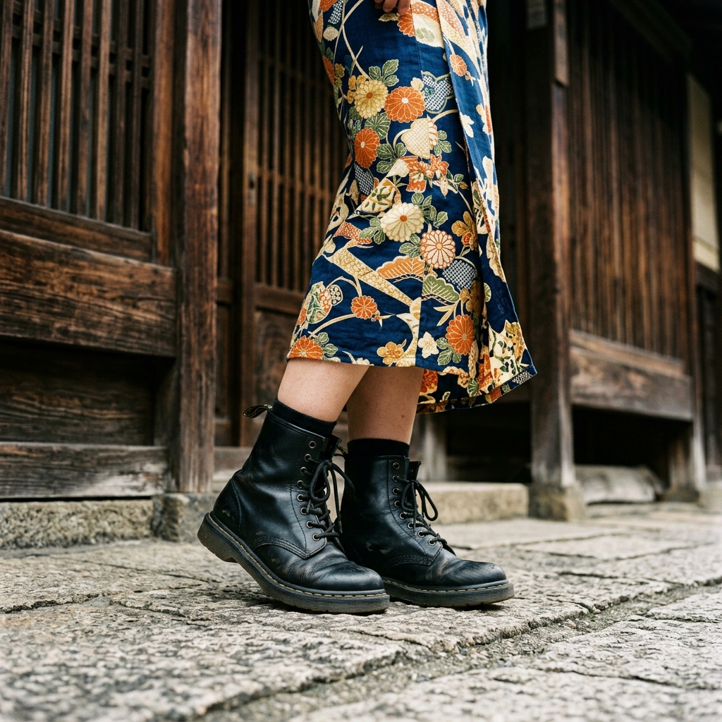 浴衣の裾から黒い編み上げブーツをのぞかせて古い木造洋館の前でポーズをとる女性の足元
