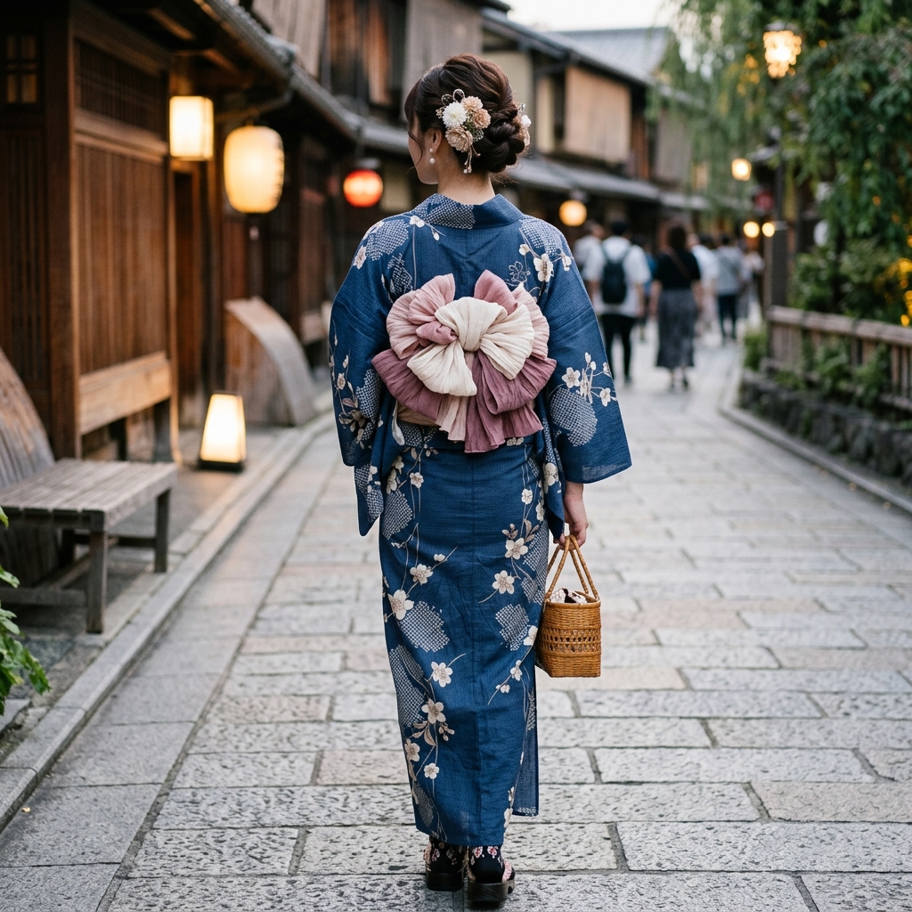 ふんわりとした立体感のある大人可愛い兵児帯のリボンアレンジ結びを後ろから撮影した写真のイラスト