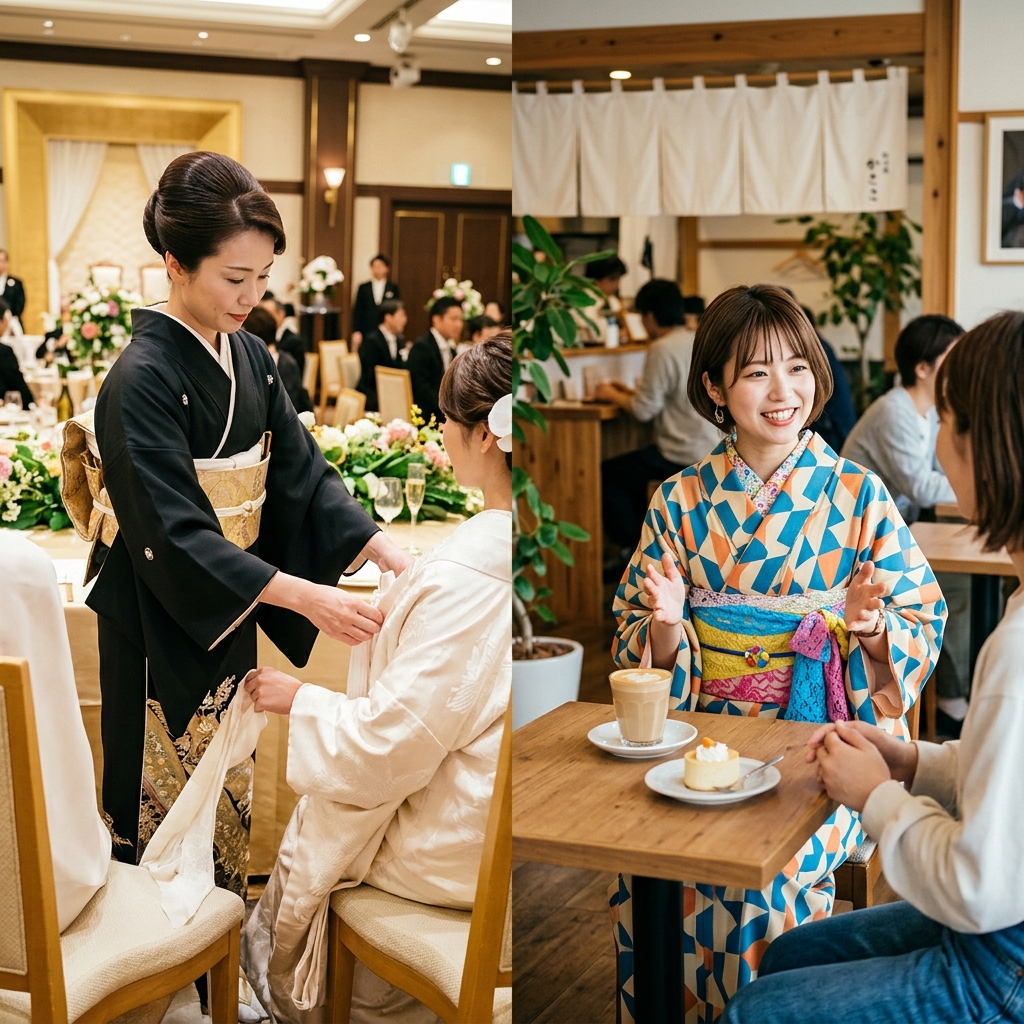 結婚式の格式高い雰囲気の和装コーディネートとカジュアルな普段着の着物の対比