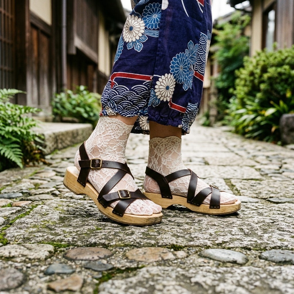 足袋ソックスやレース靴下にサンダルを合わせたレトロモダンな足元のイメージ画像