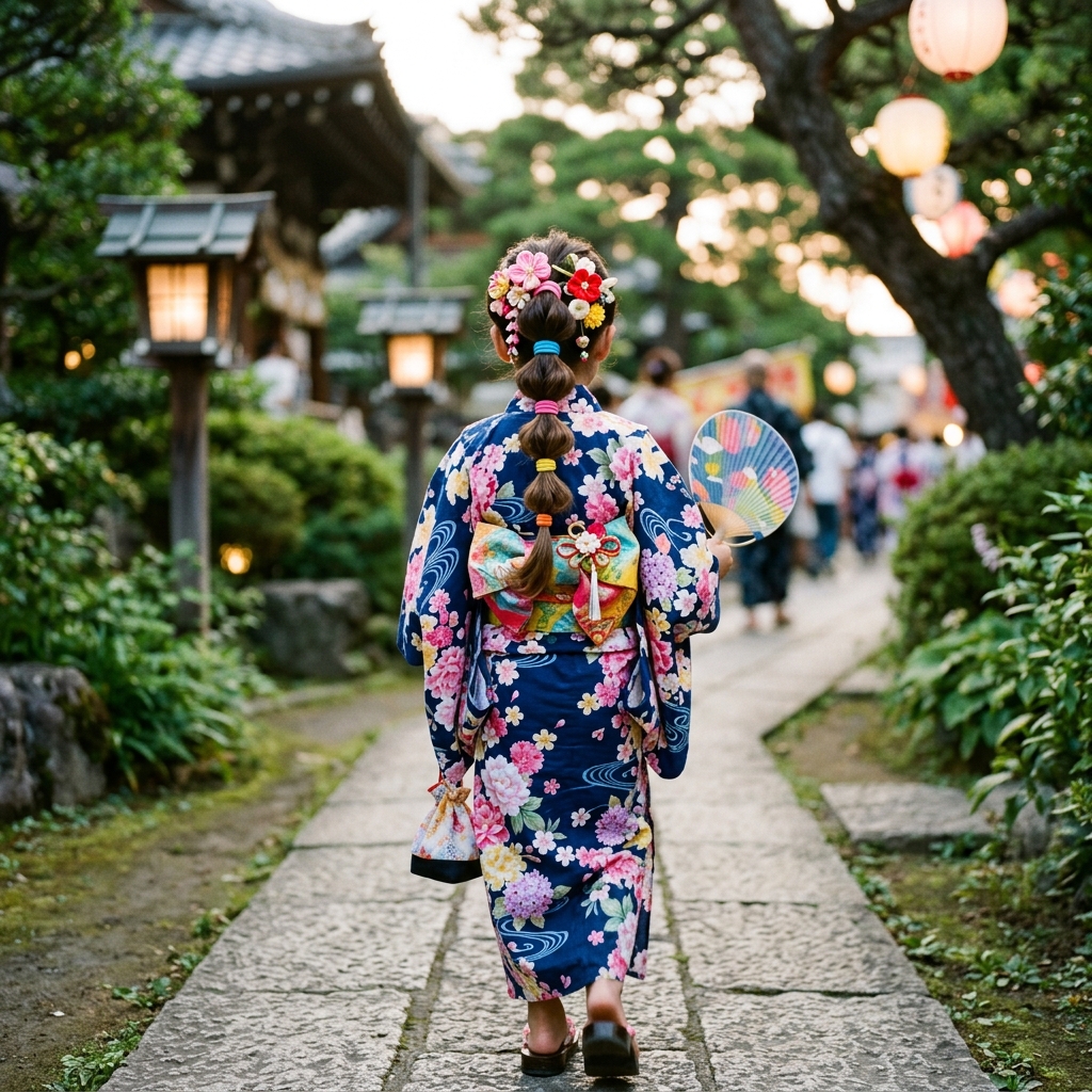 浴衣を着てたまねぎポニーテールにし、カラフルなヘアゴムと花の髪飾りをつけた可愛らしい後ろ姿の様子