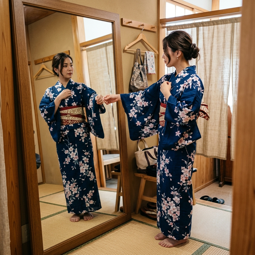 鏡の前で浴衣を羽織りサイズや裄丈のバランスをチェックしている女性のイラスト