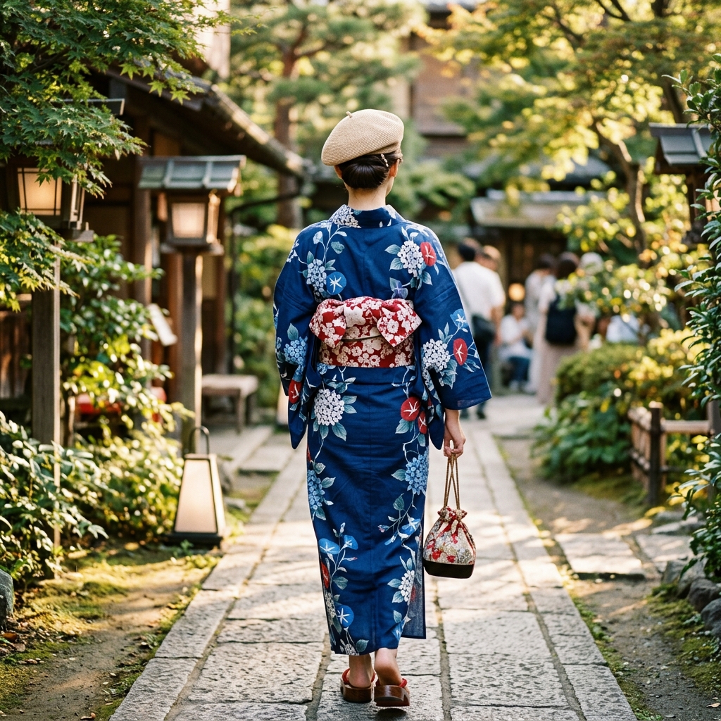 浴衣を着てベレー帽を少し斜めにかぶり、髪を低い位置で綺麗なお団子にまとめた女性の後ろ姿のイラスト