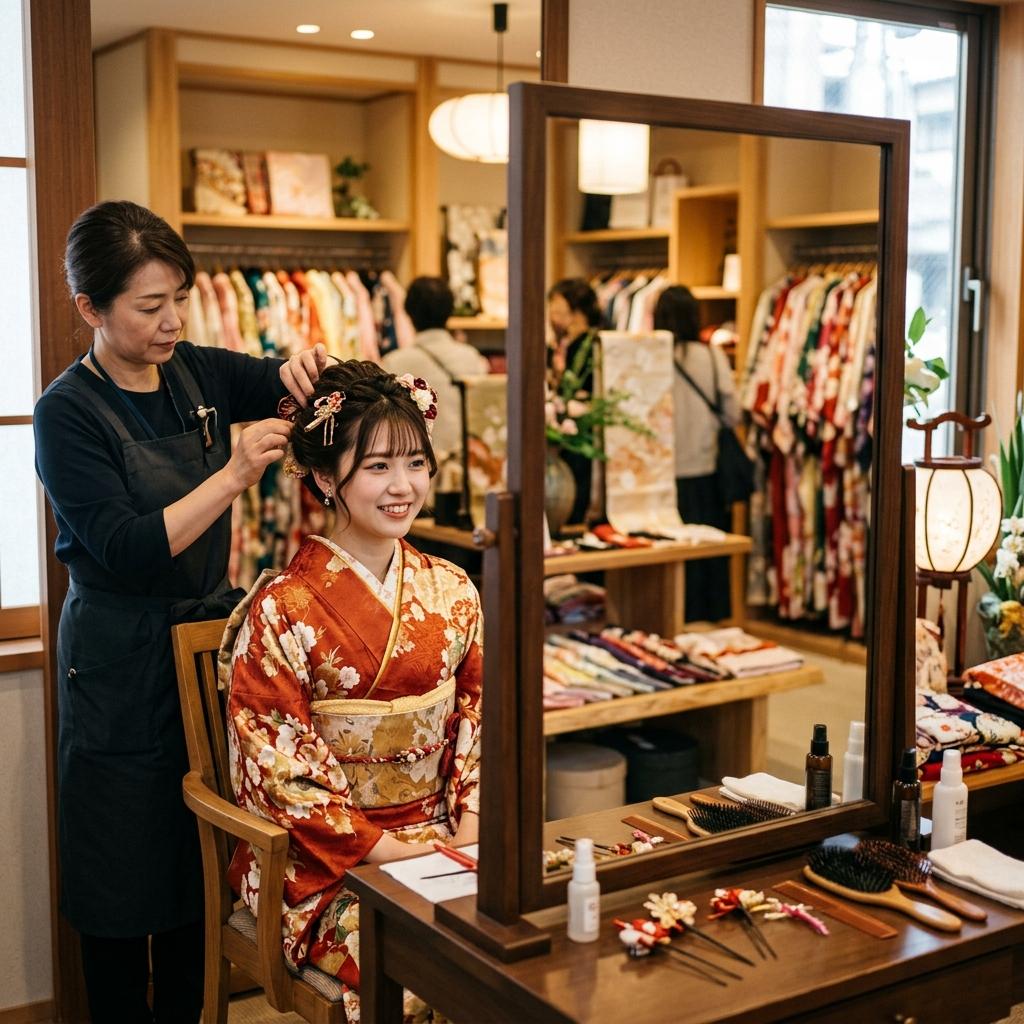 鏡の前でスタッフに髪を可愛くヘアセットしてもらっている嬉しそうな女性のイラスト
