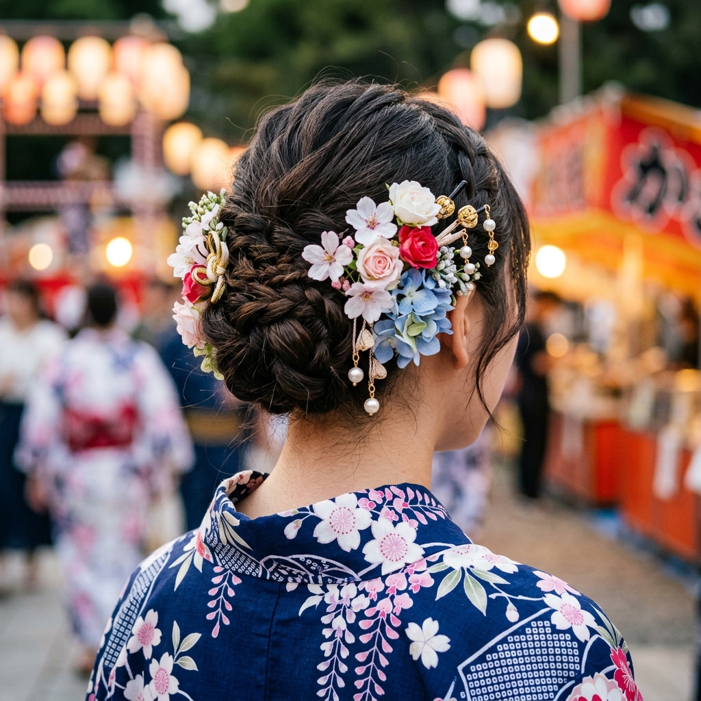 浴衣に合わせた編み込みなどのヘアアレンジが美しく仕上がった女性の後ろ姿 of イメージ